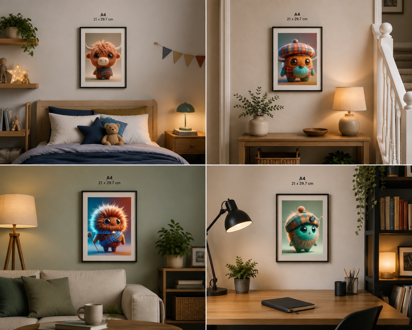 Lifestyle mock-up collage showing four rooms with ScotPopPrints character artwork